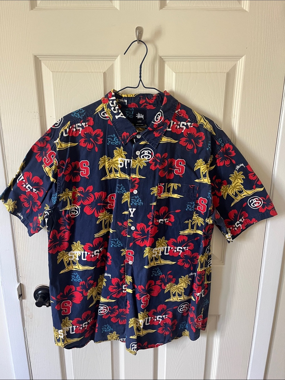 Stussy Navy Short-Sleeve Hawaiian Shirt with Red & Gold Floral Print